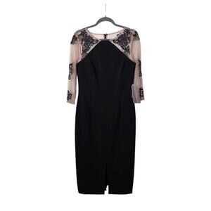 JS Collections Black Illusion Sleeves Chic Cocktail Midi Dress NWT, Size 8